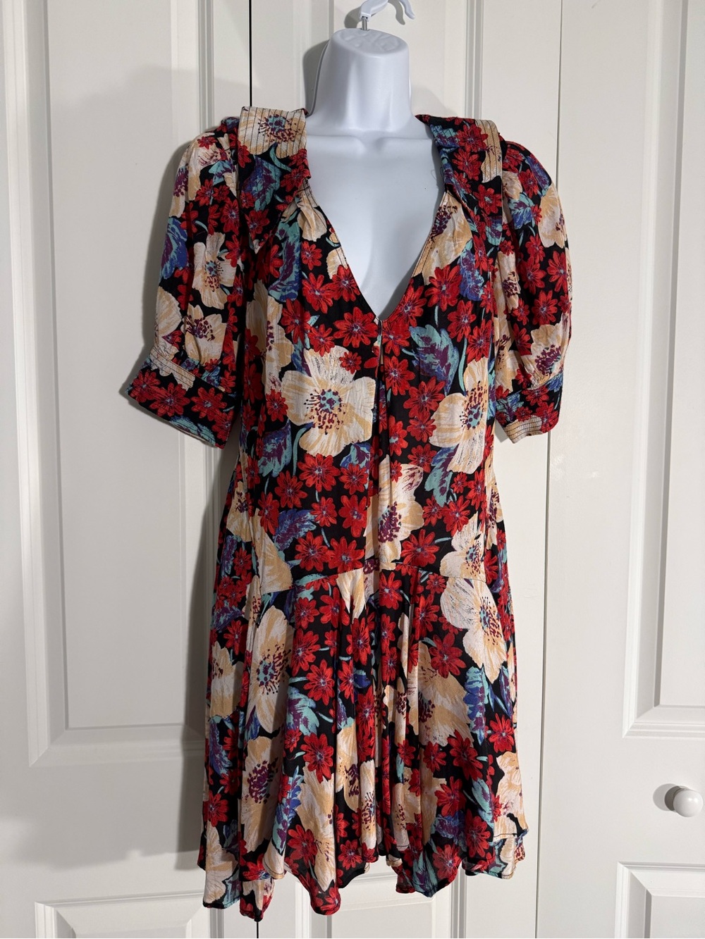 Free People Floral V-Neck Short Puff Sleeve Dress - Red, Cream, Blue